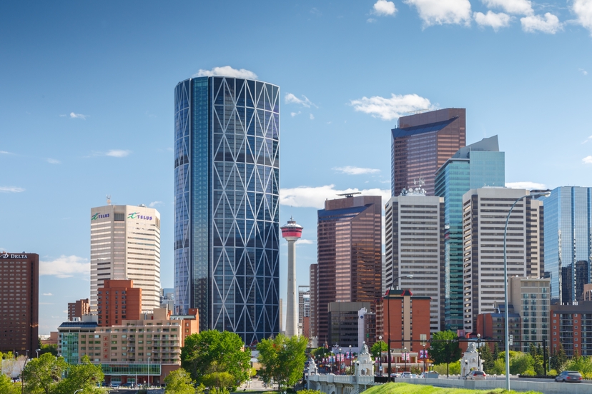 The northern skyline of the City of Calgary  - recognizable buildings from left to right are The Delta Hotel, The Telus Building, The Calgary Tower, The Centre St Bridge and many more